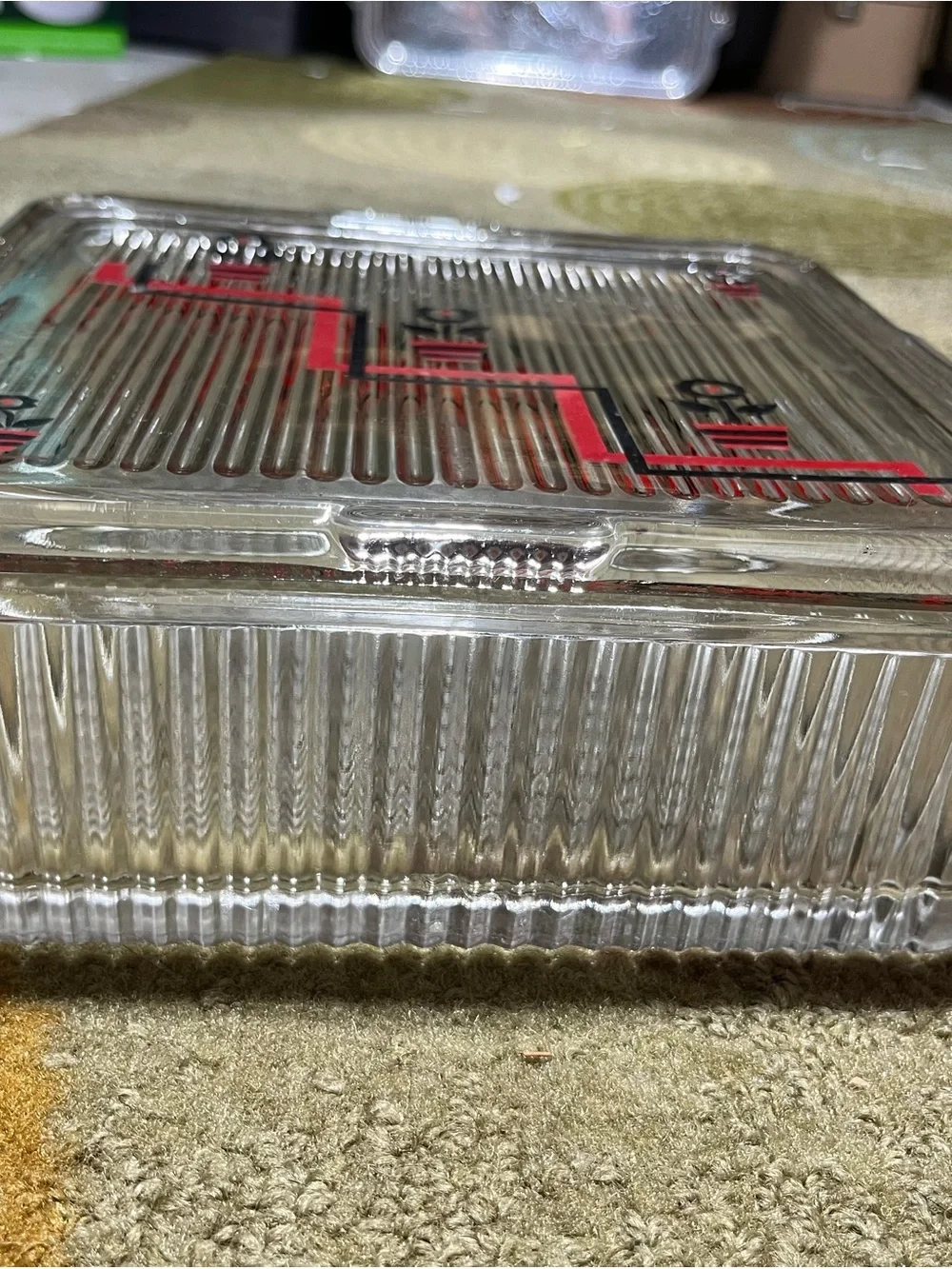 Vintage Clear Glass Square Refrigerator Box with Red & Black Flower Design